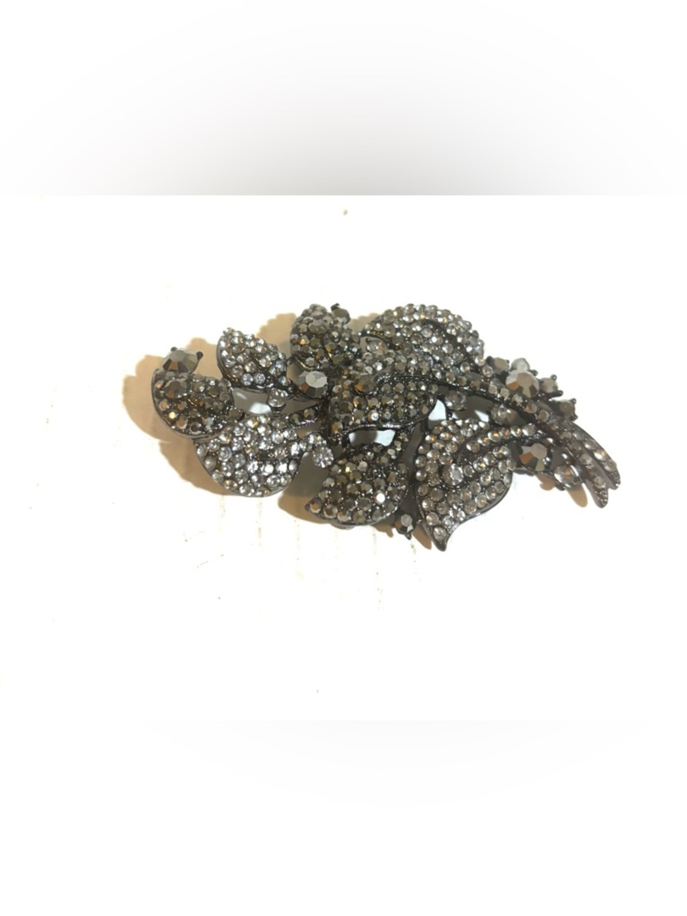 Crystal Pave Leaf Brooch - Gunmetal and Clear Rhinestones